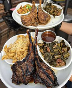 three plates with different types of food on them, including meat and vegetables in sauces