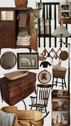 a collage of antique furniture and decor including an armoire, dresser, chair, mirror, lamp, pictures, and other items