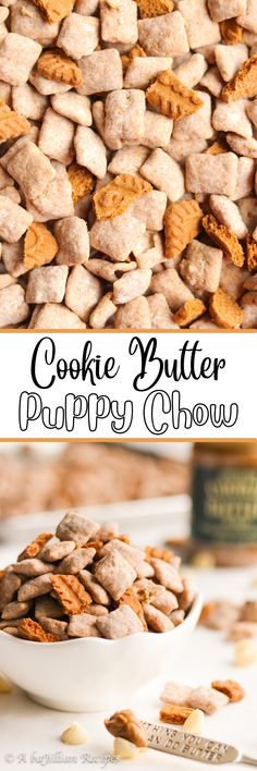 a close up of a bowl of cookies with the words cookie butter happy chowew