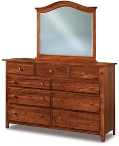 a wooden dresser with a mirror on top and drawers below it, against a white background