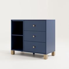 a blue cabinet with three drawers on one side and two wooden legs in the other