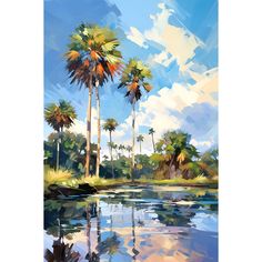 a painting of palm trees near a body of water