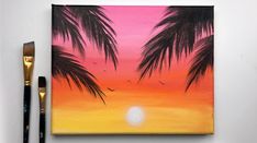 an acrylic painting of palm trees with the sun setting in the sky behind it