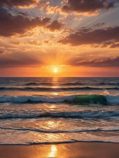 the sun is setting over the ocean with waves crashing in front of it and some clouds