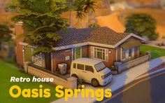 a model of a house with cars parked in front of it and the words retro house oasis springs