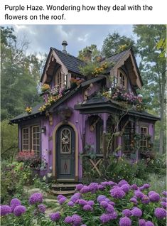 a purple house with lots of flowers on the roof and some plants growing out of it