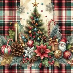 a christmas tree decorated with ornaments and candles on a plaid tablecloth background that is festive