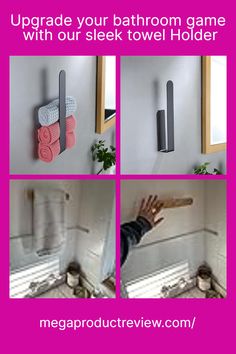 four pictures showing how to use the bathroom game with your sleek towel holder