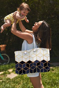 White & Navy Cubes Weekender Tote Bag size 24x16". #totebag #weekender #tote #bag #getaway #travelbag