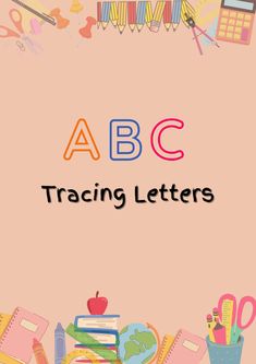 a pink background with the words abcc and some school supplies on top of it