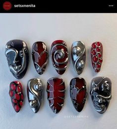 Cool Goth Nails, Silver Red Nails, Red Goth Nails, Goth Nail Art, Black And Red Nails, Detailed Nail Art, Red Black Nails, Gothic Nail Art, Vampire Nails