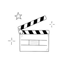 a black and white drawing of a movie clapper with stars on the side, against a white background