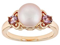 8.5-9mm Purple Cultured Freshwater Pearl and 0.19ctw Purple Spinel 18k Rose Gold Over Sterling Silver Ring. Measures approximately 5/16" L x 5/8" W and is not sizeable. Colors, shapes, and sizes may vary. Country Rings, Purple Pearl, Broken Chain, Pearl Strands, Pearl Types, Cultured Pearls, 18k Rose Gold, Pearl Jewelry, Sterling Silver Ring