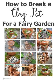 how to break a clay pot for a fairy garden with lots of different pots and plants