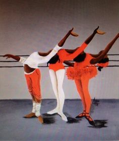 two women in orange and white outfits are standing on one leg with their hands behind the other