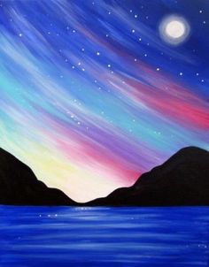 an acrylic painting of the night sky over water with mountains and stars in the background