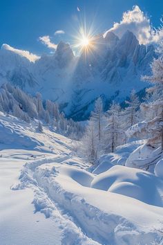 the sun shines brightly over snow covered mountains and trees on a sunny day in winter