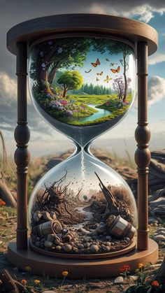 an hourglass with a landscape inside it