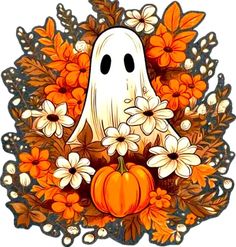 a white ghost surrounded by flowers and pumpkins