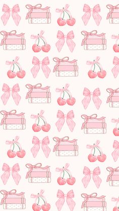 pink bows and cherries on a white background