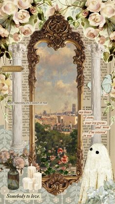 an ornate frame with flowers surrounding it and a teddy bear sitting in front of the mirror