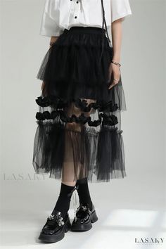 Lasaky - Exquisitely Designed Mesh Panel Midi Skirt with Irregular Layered and Ruffled Hem Sheer Skirt Outfit, Skirts Summer, Tulle Skirt Black, Body Skirt, Tulle Skirts, Dress Cake, Black Tulle, Mesh Skirt, Mid Length Skirts