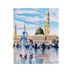 two people walking in front of a large building with a green dome on the top