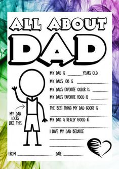 a father's day card with the words, all about dad on it and an image of a man holding a heart