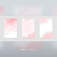 three abstract paintings with pink paint and gold foil on them, each one has a white background