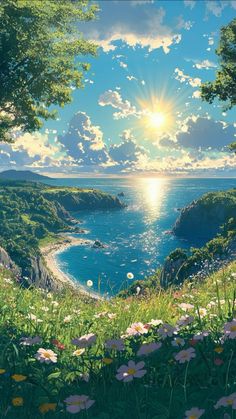 the sun shines brightly through the clouds over water and flowers in front of an island