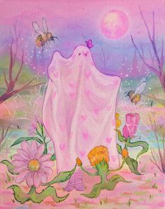 a painting of a white ghost surrounded by flowers and bees in front of a pink sky