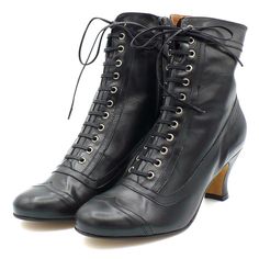 Mid-ankle Edwardian lace up boot with Louis heel, features faux laces and a side zip for easy entry. Leather uppers and leather sole Whole and half sizes, 5 ½-11 Runs a bit narrow in the toe, size up. 2 ⅝” heel Imported Witchy Shoes, Steampunk Mode, Medieval Shoes, Underground Film, Baby Avengers, Cheap Ankle Boots, Victorian Shoes, Victorian Boots, Mid Heel Boots