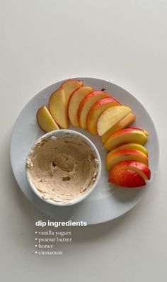 an apple slices and dip on a white plate with information about the ingredients in it