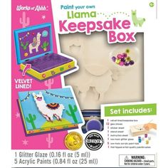 an image of a llama keepsake box set includes magnets, beads and string