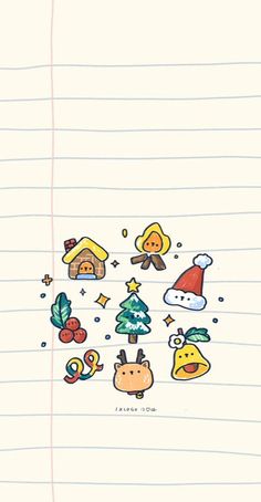 an image of christmas stickers on lined paper with lines in the background and cartoon characters