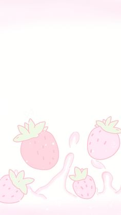 three strawberries on a white background with pink and green accents, one is half eaten