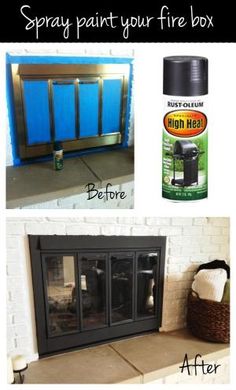 the before and after shots of an outdoor fire place with spray paint on it, and in front of a fireplace