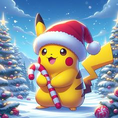 the pikachu is wearing a santa hat and holding a candy cane