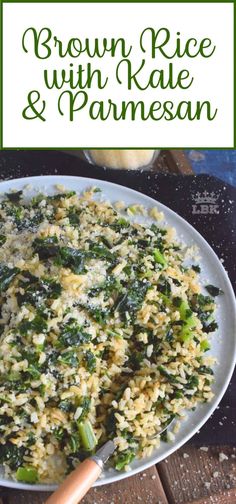 broccoli rice with kale and parmesan in a white bowl on a wooden table