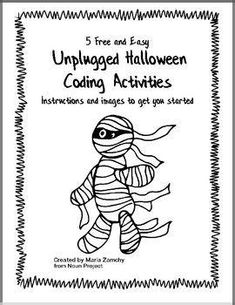 an adult coloring book with the title, 5 free and easy unplugged halloween coding activities