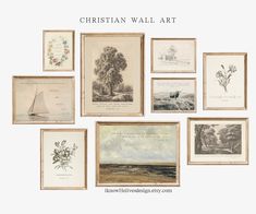 a bunch of framed pictures on a wall with the words christian wall art above them