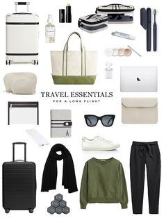 travel essentials for a long flight in black, white and green with text overlay that reads travel essentials for a long flight