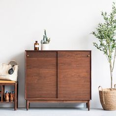 a wooden cabinet sitting next to a potted plant on top of a table in front of a white wall