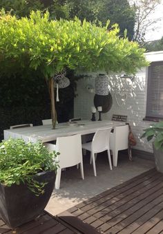 an outdoor dining area with chairs, table and potted plants on the decking