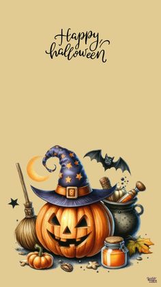 a happy halloween card with pumpkins and witches