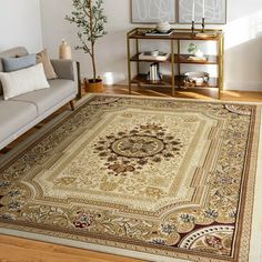 a living room filled with furniture and a rug on top of a hard wood floor