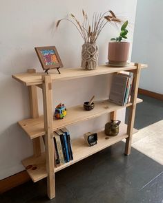 a wooden shelf with books and other items on it next to a potted plant