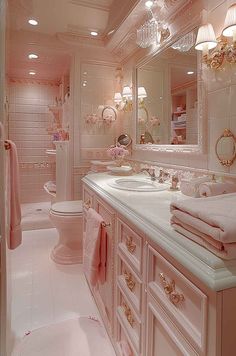 a bathroom with pink walls and flooring is pictured in this image, it appears to be very feminine