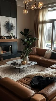 a living room filled with furniture and a fire place in front of a large window