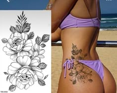 Simple Unique Tattoos, Matching Tattoos For Siblings, Floral Thigh Tattoos, Hip Thigh Tattoos, Mommy Tattoos, Hip Tattoos Women, Tasteful Tattoos, Spine Tattoos For Women, Leg Tattoos Women